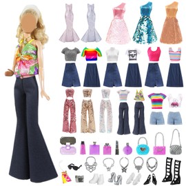 32 Piece Doll Clothing & Accessories Set, 11.5 Inch Doll Clothes Kit with Braces Tops Jeans Sequin Clothing Dresses Shoes Bags Necklace Accessories for Doll Toy Gift