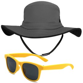 Kids Gray Sun Hat for Girls & Boys with UV Protection- Toddler Beach Hats for Fishing Safari Play Hat with Sunglasses (Ages 7-14 Years)