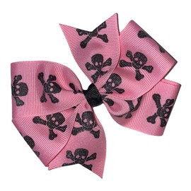 Skulls Pinwheel Hair Bow 4" Pink & Black