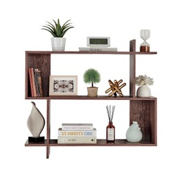 Danya B. Manasa Floating Geometric Kilter Two-Tier Wall Shelf - Organization Shelving for Houseplants, Books, Photos, Decor, Art, and More (Hickory)