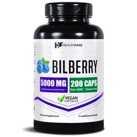 Healthfare Bilberry Extract 5000mg | 200 Vegan Capsules | Extra Strength Formula | Non-GMO, Gluten-Free | Made in The USA