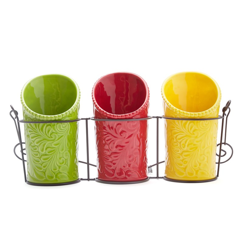 Kitchen Utensil Holder Set (4 Pieces) - 3 Ceramic Crocks