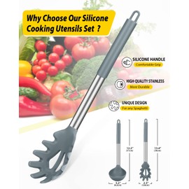 Silikon Pasta Gabel und Pfanne Löffel Set, große Antihaft Küchenutensilien zum Kochen, Rühren, Servieren Spaghetti, Suppe, Sauce