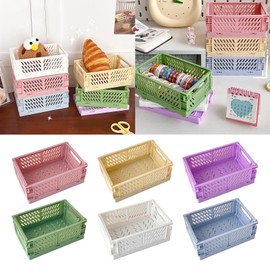 MEELYHOME Plastic Baskets Foldable Desk Crates Storage Box Stackable Table Basket Organizers Office Desktop Drawer Shelf, Medium size-25.3*16.5*10cm, Purple