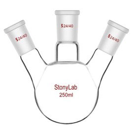 StonyLab 250ml Glass 3 Neck Round Bottom Flask RBF, with 24/40 Center and Side Standard Taper Outer Joint