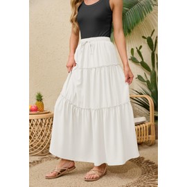 HERBATOMIA Women’s Tiered Flowy Maxi White Skirt A-Line Elastic High Waisted Long Swing Drawstring Skirts for Women with Pockets