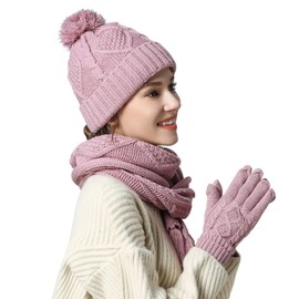 Winter Hat Gloves Scarf Set for Women, Cable Knit Beanie Pom Cap Touch Screen Glove Long Scarf 3PCS Winter Gift for Women Men