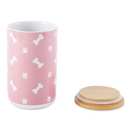 Bone Dry Ceramic Canister for Pet Treats Bamboo Twist to Close Lid, Dishwasher Safe, Keep Dog & Cat Food Safe and Dry, Treat Jar, 4x6.5, Rose Paw & Bone