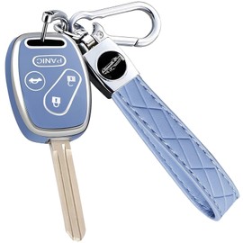 Key Fob Cover for Honda with Leather Keychain, Premium TPU Key Case Compatible with Honda 2003-2015 Accord Fit Civic EX CR-V Pilot Ridgeline Element Remote Smart Car Key Protector（4 Buttons Blue）