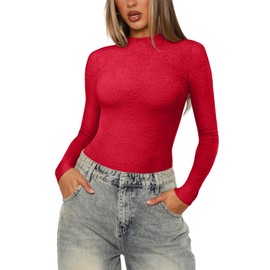 REORIA Womens Lace Crew Neck Bodysuits Long Sleeve Double Lined Going Out Fashion Tops 2024 Trendy Winter Outfits