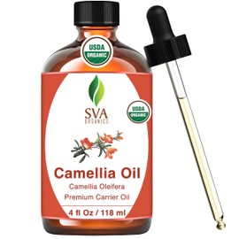 SVA ORGANICS SVA Camellia Seed Oil Organic - 4 Fl Oz C 100% Natural Cold Pressed Organic Camellia Oil - for Face, Skin Care, Hair Care, Scalp Massage & Body Massage C Carrier Oil with Dropper