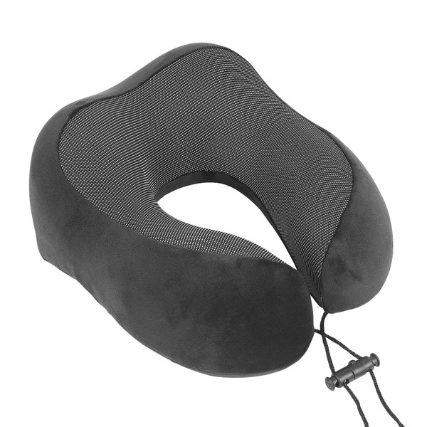 Neck Pillow, Memory Foam, Cover, Washable, Removable, Velour, Smooth, U-Shape, Adjustable Cord (Charcoal)