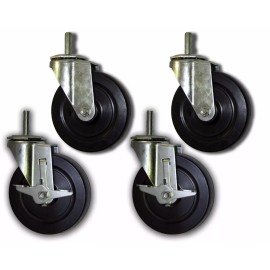 Cass Hudson 5" Swivel Casters w/ Rubber Wheel & 1/2"x1-1/2" Threaded Stem - 4 PK; 2 w/ Brake
