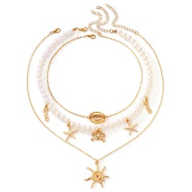 Firuilo Boho Layered Sun Necklace Gold Sun Pendant Necklaces Starfish Seahorse Collar Necklaces Summer Shell Choker Necklaces for Women