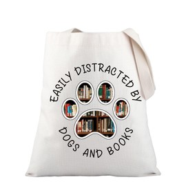 PLITI Easily Distracted By Dogs And Books Animal Book Lover Tote Bag For Bookworm Librarian Reading Lover Gift Dog Mom Gift (distracted book dog TGCA)