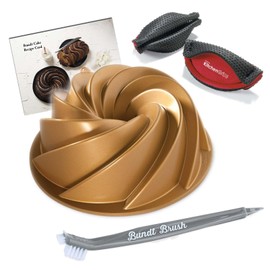 Nordic Ware Heritage Bundt Pan Gold 10 Cup Capacity With Cleaning Tool + Grips Pot Holder and Recipe Card