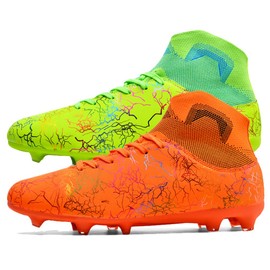 ESXGED Womens High Top Lightweight Soccer Cleats Mens Comfy Football Boots Spikes Shoes Training Sports Sneakers Green-Orange Size 10w/8.5m