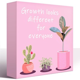 LVQHI Pink Decor For Desk, Growth Looks Different For Everyone Plant Inspirational Motivational Wooden Block Sign For Home Bedroom Office Desk Table Decor, Cheer Up Gift For Coworker Friend