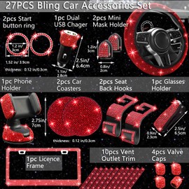 NBTEPEM 27 PCs Red Bling Car Accessories Set for Women, Steering Wheel Covers Universal Fit 15 Inch, Bling License Plate Frame, Bling Phone Holder, Bling Car Coasters (Red Diamond)