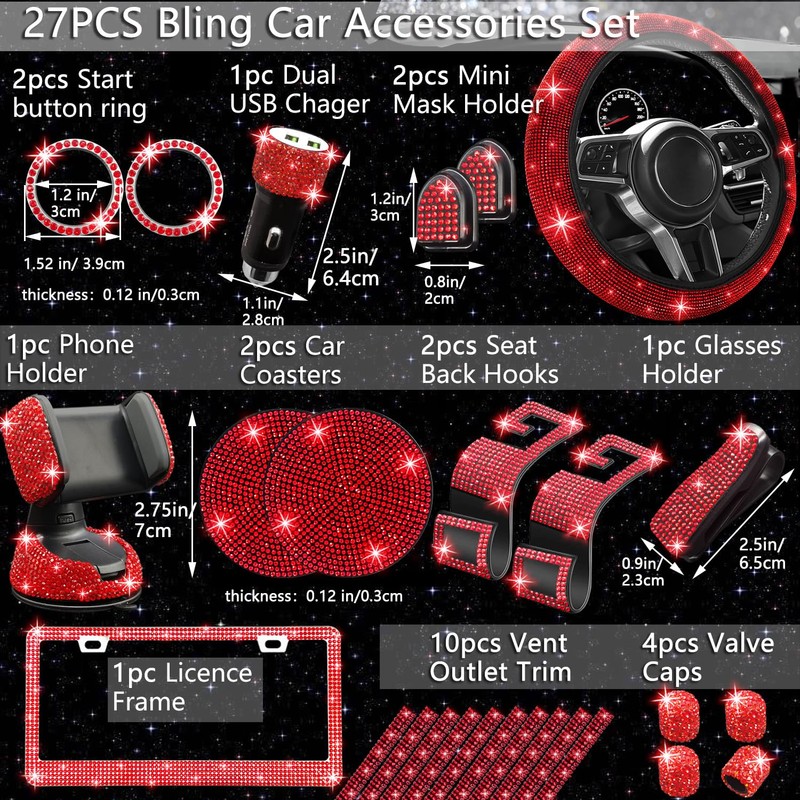 NBTEPEM 27 PCs Red Bling Car Accessories Set for Women,