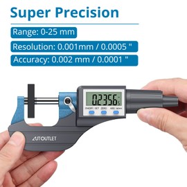 AUTOUTLET Micrometer Digital Outside Micrometer 0-25 mm / 0.001 mm, High Precision LCD Digital Micrometer Caliper Length Measuring Tool Micrometer 0.001 mm (0.00005 Inches)