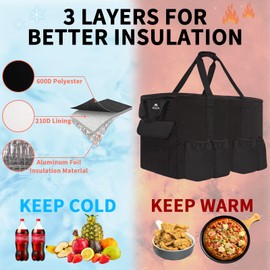 MATEIN Insulated Delivery Bag for Food Delivery, Large Hot & Cooler Food Transport for Catering, XXL 23x14x15 inch Water Resistant Foldable Pizza Warmer Carrying Case with Cup Holders, Black