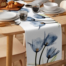 Avoik Table Runner Blue Tulips Flowers Table Runner Spring Summer Modern Living Room Abstract Tablecloth Linen Non-Slip Table Runner Kitchen Decoration for Dining Room Party Indoor Holiday 33 x 180 cm