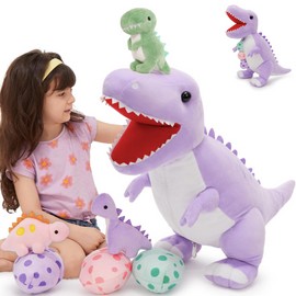 MorisMos Dinosaur Stuffed Animal with Babies,23.6'' Big Mommy Stuffed Dino T-rex with 3 Baby Dino Toys & Eggs Plush Inside Belly,Boy Girl Dinosaur Toys for Kids Birthday Gift,Purpel T-rex Party Decor