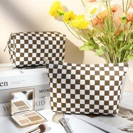 SOIDRAM 2 Pcs Checkered Makeup Bag Large Cosmetic Bag Toiletry Bag Makeup Pouch Travel Bag Organizer Cute Makeup Brushes Aesthetic Accessories Storage Bag for Women Coffee Brown