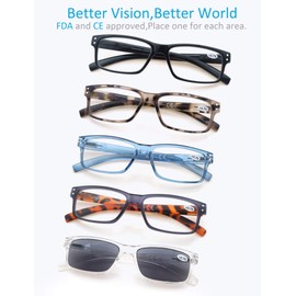 5-Pack Reading Glasses 4.0 Mens/Womens,Readers Comfort Spring Hinges,Sun Reader