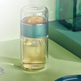 Tea Infuser Bottle, 420ml/14oz Double Layer Stainless Steel Leakage Proof Glass Water Bottle Travel Water Separation Tea Bottle Mug Cup for Office Travel Home Tea Cup Glass Tumbler (green)