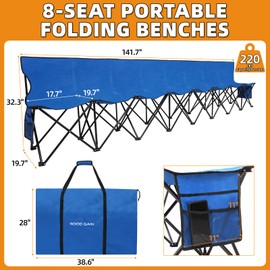 G GOOD GAIN Portable Soccer Bench - Team Bench Soccer 8 Seats with Bag, Sideline Folding Bench, Folded Chair Seating 8 for Football Camp Outdoor Sport Events, Team Chairs for Adults, Blue