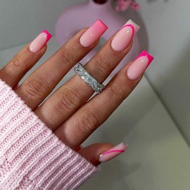 Medium Length Coffin False Nails - 24pcs Gradient Pink Press on Nails - 12 Sizes Pink Nails French Tip Fake nails with Glue - Full Cover Glossy Artificial Nail for Women Girls