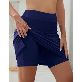 SHEKINI Women High Waist Swim Skirt Modest Bathing Suit Skirt Tummy Control Swim Bottom(L, Dark Blue)