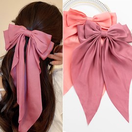 Hair Bows 2 PCS Ribbon Bow for Women,Hair Bows for Women,Hair Ribbons,Oversized Long-tail Cute Aesthetic Hair Accessories,Large Hair Barrettes for Women,Big Bows for Girls（Watermelon Red Deep Pink）