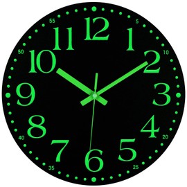 JoFomp Wooden Glow in The Dark Clock, 12 inch Silent Non-Ticking Battery Operated Clock, Energy-Absorbing Luminous Numerals and Hands, Lighted Wall Clock Decoration (Black, 12 INCH)