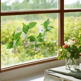 Bunmery 4 pcs Window Propagation Stations, Suction Cup Plastic Plant Propagation Bulbs, Easy to Install Wall Hanging Planter, No Nails Plastic Plant Terrarium Vase