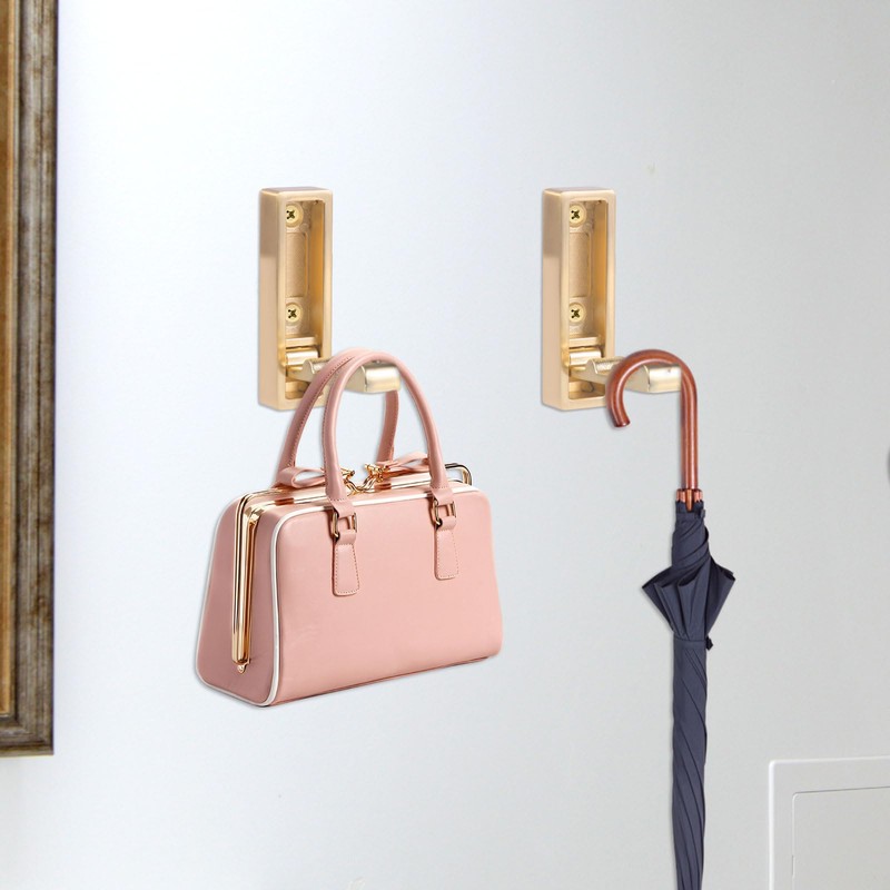 BOXOB 2 Pcs Foldable Gold Wall Hooks, Heavy Duty Brushed