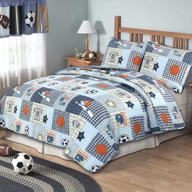 Cozy Line Home Fashions Little League Sports Baseball Basketball Football Soccer 3-Piece Blue Plaid Patchwork Cotton Polyester Reversible Queen Quilt Bedding Set