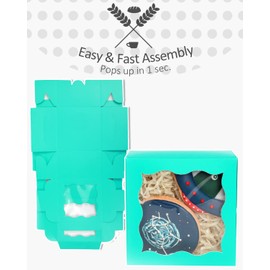 qiqee Blue Green Bakery Boxes with Window 4*4*2.5inch/55Packs Mini Cookie Boxes Macaron Boxes Small Donut Pastry Boxes for Party (4 Diferent Gift Include)