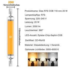 Aseoacc R7S LED 118mm Dimmable 20W, LED R7S 118 Bulb, Equivalent to 200W Halogen Bulb, Warm White 3000K 2000lm, 360 Degree, AC 220-240V, 2 x 20W