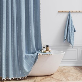BTTN Extra Long Shower Curtain, 72x84 Inch Long Boho Tassel Linen Fabric Thick Shower Curtain Set with Plastic Hooks, Large Modern Farmhouse Country Decorative Cloth Shower Curtain for Bathroom, Blue
