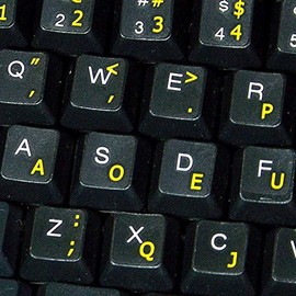 Dvorak Simplified New Keyboard Decals with Yellow Lettering ON Transparent Background for Desktop, Laptop and Notebook