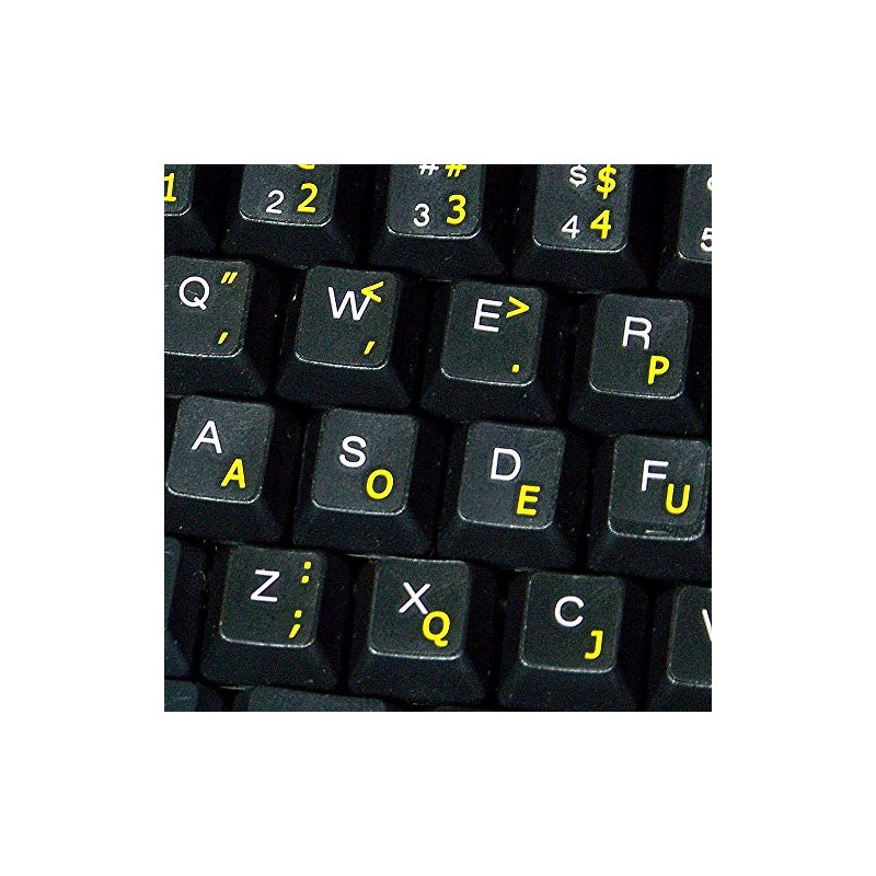 Dvorak Simplified New Keyboard Decals with Yellow Lettering ON Transparent