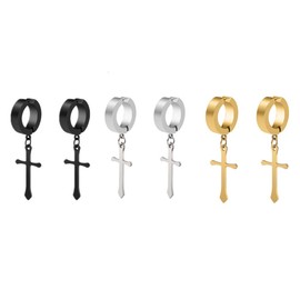 3 Pairs Non-pierced Clip On Cross Dangle Hoop Earrings Set Stainless Steel Ear Jewelry for Unisex