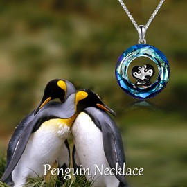POPKIMI Penguin Necklace Sterling Silver Crystal Penguin Jewelry Penguin Gifts for Women (Penguin Necklace with Blue Circle Crystal)