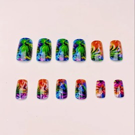 24Pcs Summer Press on Nails Medium Fake Nails with Colorful Coconut Tree Design Full Cover Glossy Acrylic Nails Reusable False Nails Stick on Nails for Women Girls Summer Nail Art Decoration