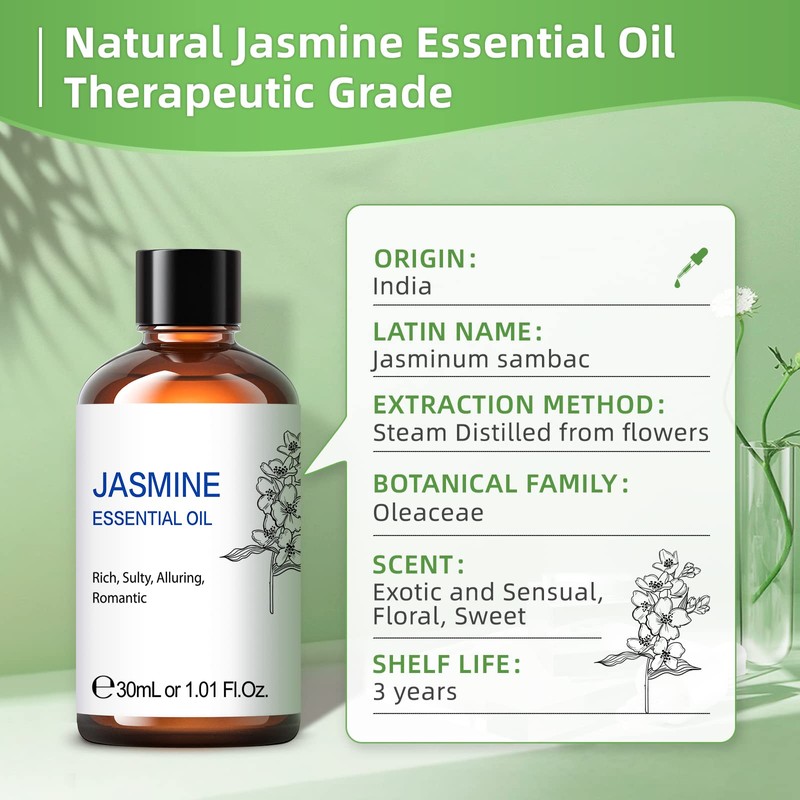 HIQILI Jasmine Essential Oil for Diffuser, Sleep, Massage, Skin Care,