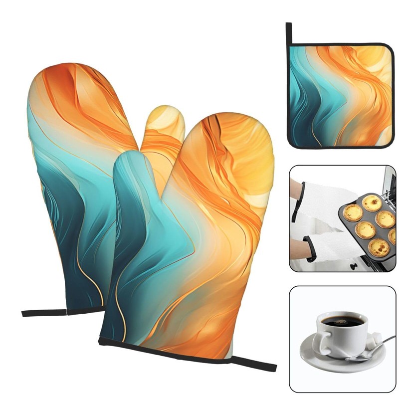 Orange Teal Marble Oven Mitts and Pot Holders Sets of