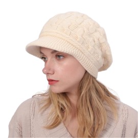 Michear Fleece Lined Women's Beanie Hats, Winter Thermal Wooly Crochet Cap, Warm Knitted Beret with 2.4-Inch Windproof Visor (UK, Alpha, One Size, Beige)